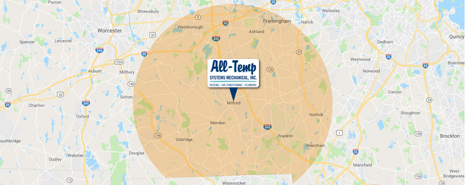 Service Aree Map of Central MA from All-Temp Systems Mechanical